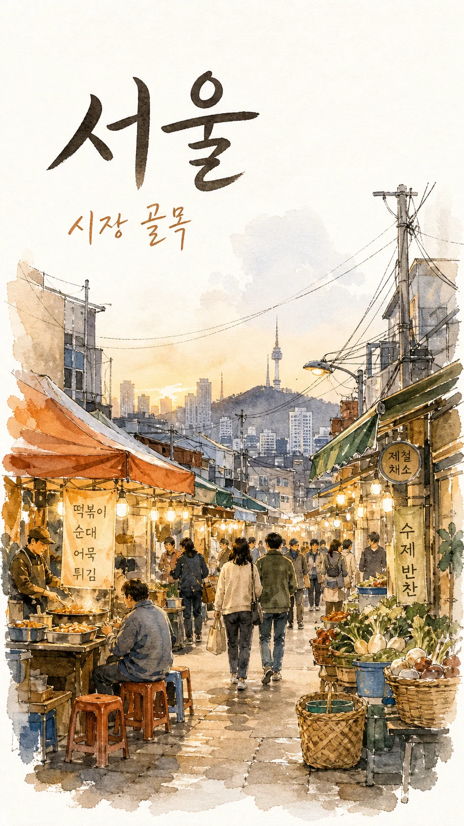서울 시장 거리 수채 여행 포스터 예시