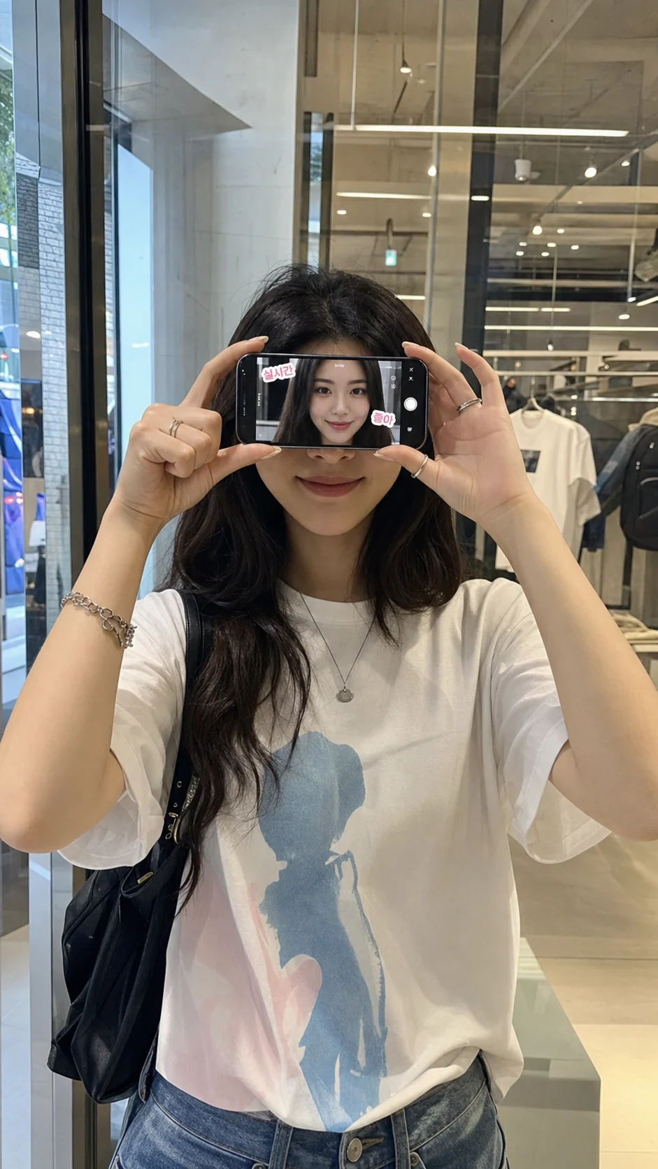 Porträt in einem Seouler Streetwear-Shop mit Gesicht auf dem Smartphone-Bildschirm