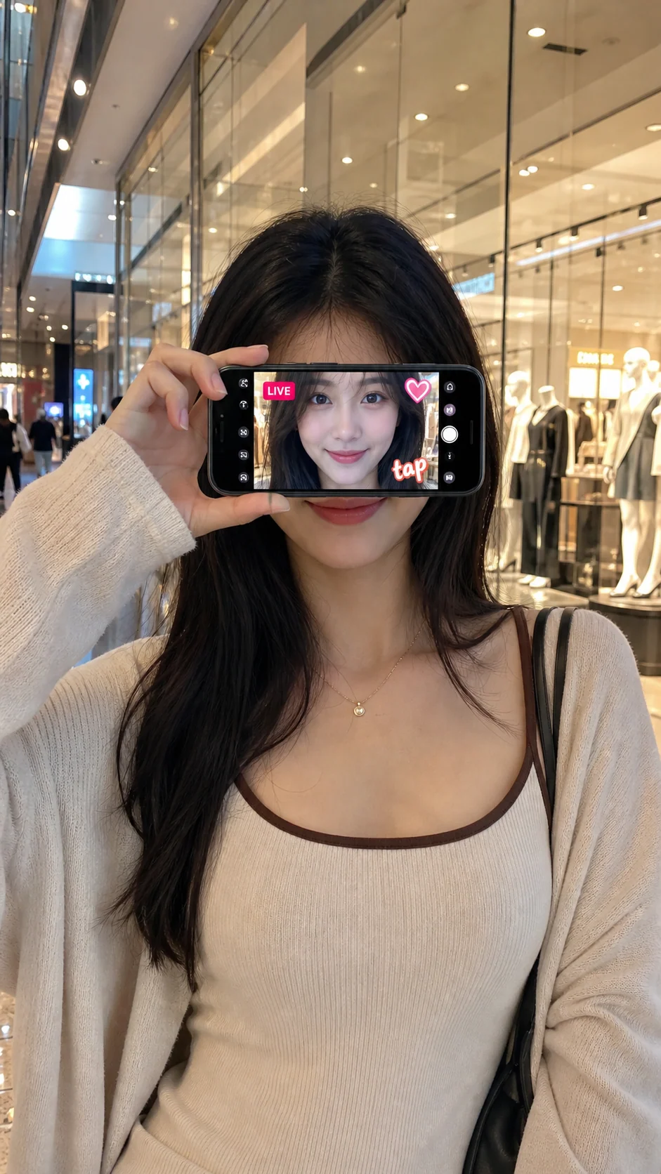 Ultrarealistisches Schaufensterporträt mit Gesicht auf dem Smartphone-Bildschirm
