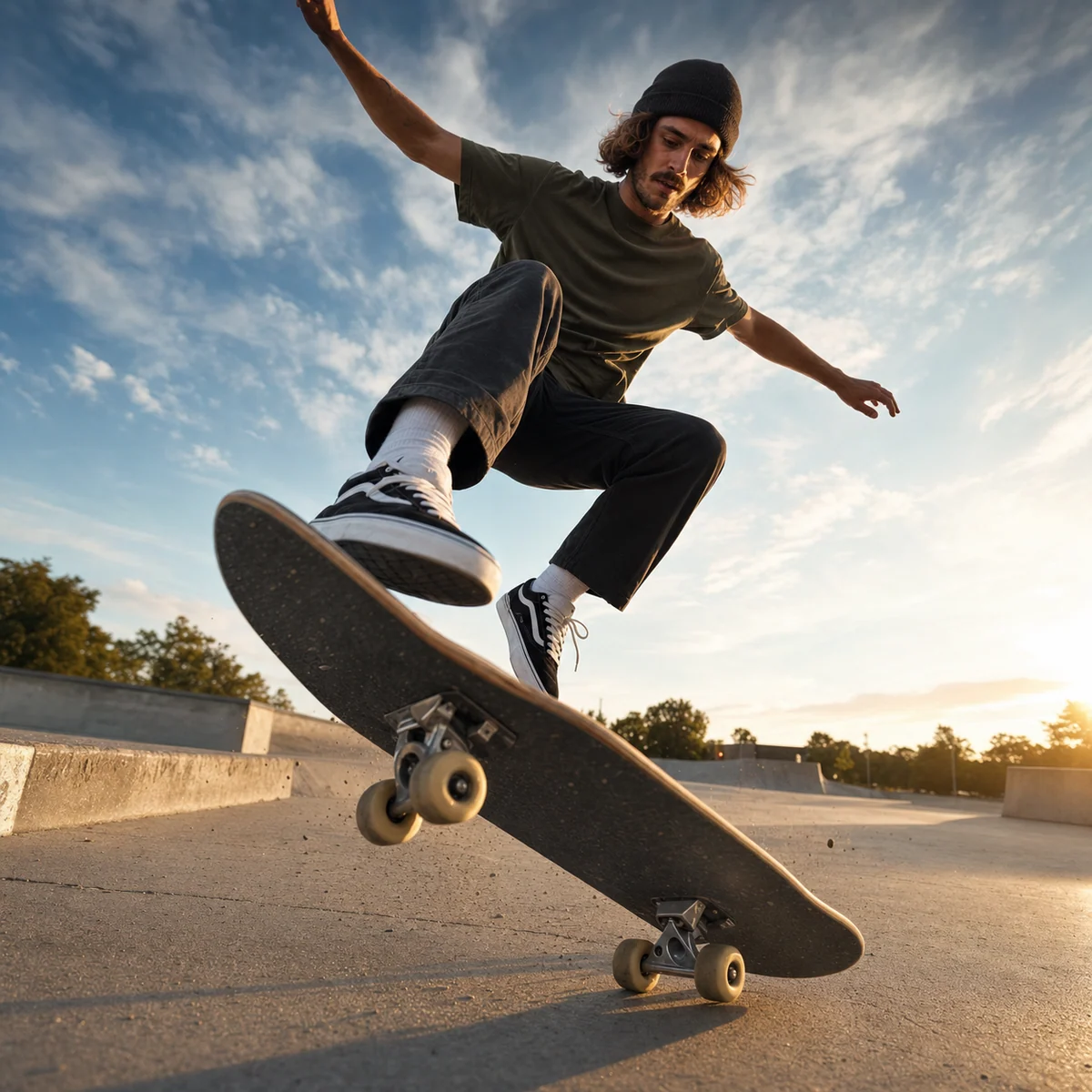 Beispiel fur ein Kickflip-Portrat im Skatepark aus niedriger Perspektive