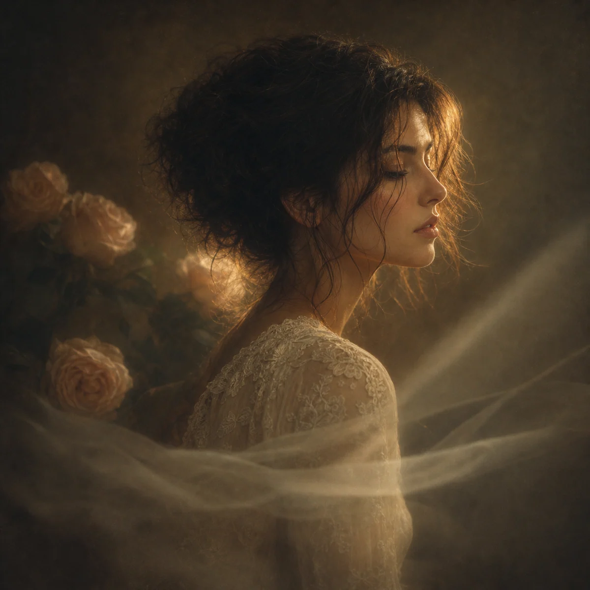 Retrato suave de perfil com véu em primeiro plano, rosas e luz dourada de recorte