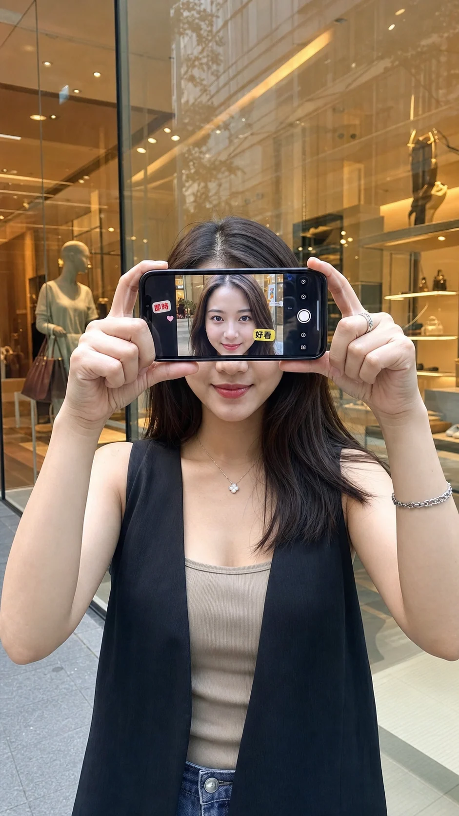 Porträt neben einer Boutique-Vitrine in Taipei mit Gesicht auf dem Smartphone-Bildschirm