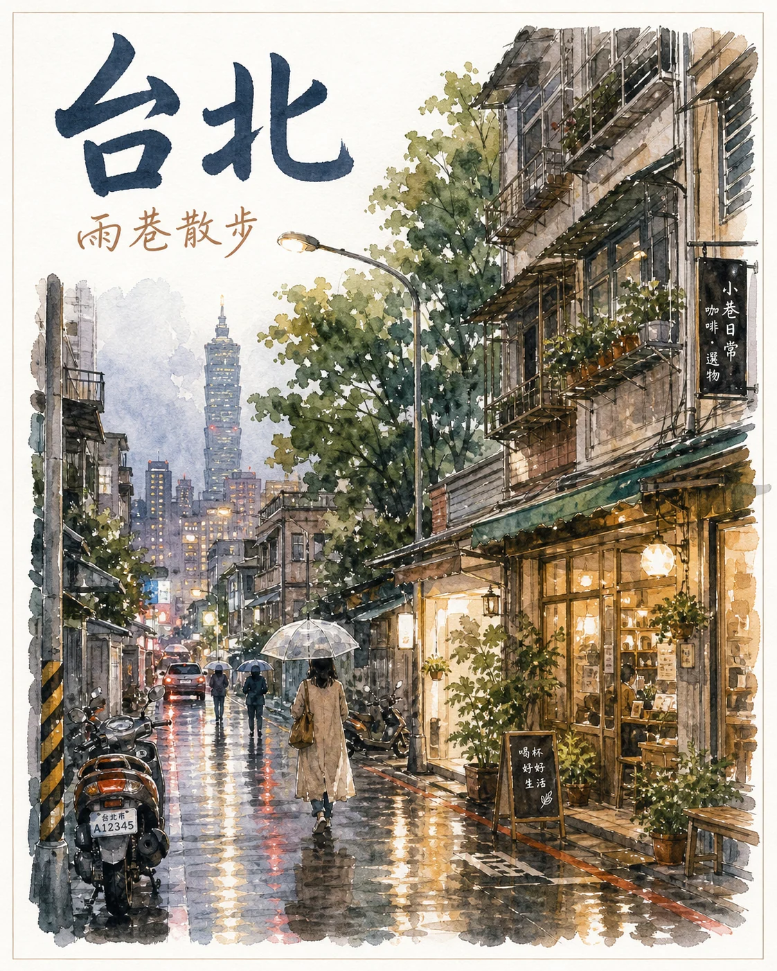 台北雨巷水彩旅行海報示例