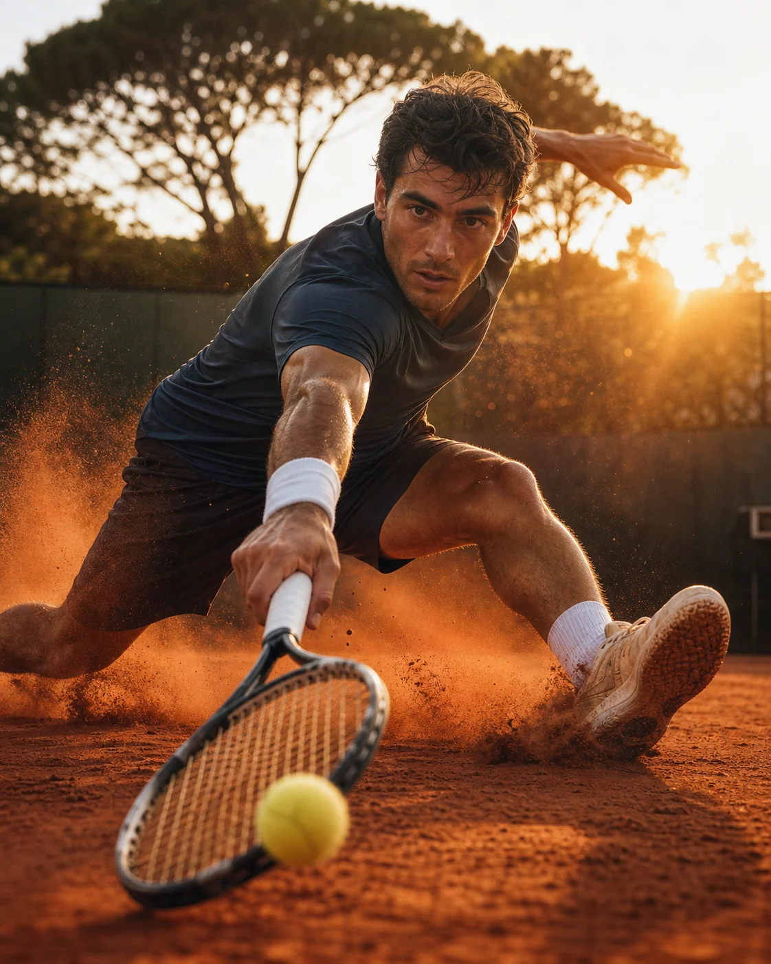 Beispiel fur ein Tennisportrat beim Rutschen auf Sandplatz