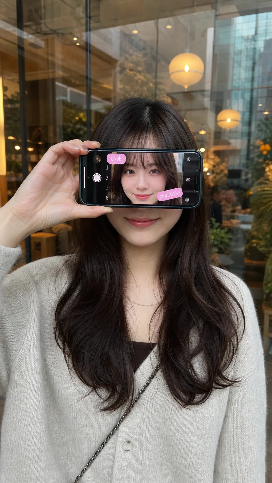 Porträt an einer Glaswand in einem Café in Tokio mit Gesicht auf dem Smartphone-Bildschirm