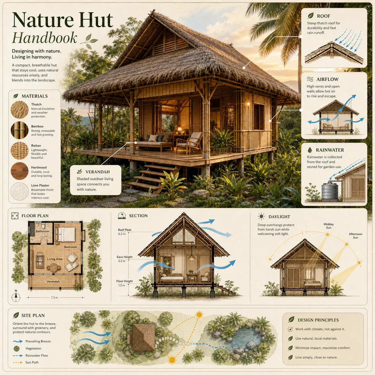 Premium eco architecture handbook infographic for a tropical hut