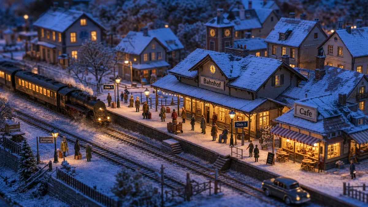 Miniatur-Winterbahnstadt mit deutschen Schildern